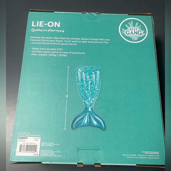 Coconut Grove Lie On Adult Pool Float Teal Mermaid Tail (Length 6.5ft) - Picture 3 of 6